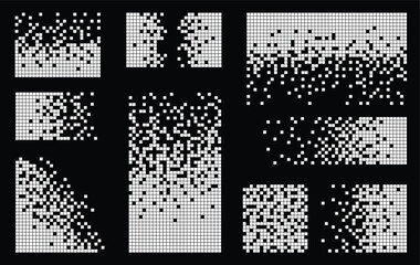 Pixel disintegration background set. Decay effect. Dispersed dotted pattern. Concept of disintegration, pixel mosaic textures with simple square particles.