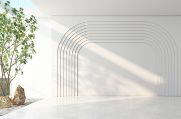Morning light and trees outside the bare glass wall. Inside there is an empty room with white curved wall and polished concrete floor. 3d rendering