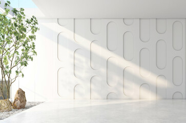 Morning light and trees outside the bare glass wall. Inside there is an empty room with white pattern wall and polished concrete floor. 3d rendering
