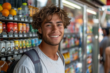 A young man smiles while shopping for groceries, carefully selecting items in a supermarket aisle