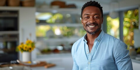 Fototapeta premium A successful and stylish businessman exudes confidence and joy at home, embodying modern professionalism