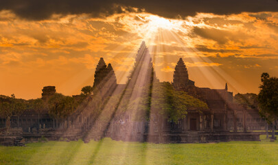 Naklejka premium Popular tourist attraction ancient temple complex Angkor Wat - Siem Reap, Cambodia