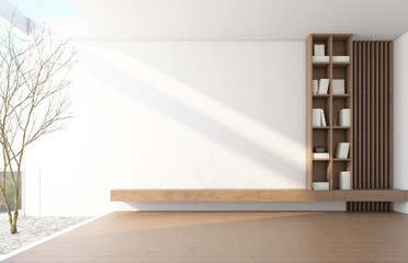 Morning light and trees outside the bare glass wall. Inside there is a Modern Japanese-style living room with a TV cabinet and built-in bookshelf. Wood floor and wood slat wall. 3D rendering.