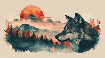 Double exposure portrait of wolf in the mountain forest ecosystem with nature habitat overlay - obrazy, fototapety, plakaty