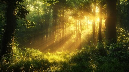 A tranquil forest glade bathed in the golden light of sunset, with sunlight filtering through the dense canopy and illuminating the lush undergrowth, a peaceful oasis amidst the bustling world. - obrazy, fototapety, plakaty
