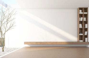 Morning light and trees outside the bare glass wall. Inside there is a Modern Japanese-style living room with built-in TV cabinet and bookshelf. Wooden floor and white wall. 3d rendering