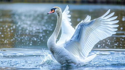 A graceful white swan flapping its wings on the water of a lake - obrazy, fototapety, plakaty