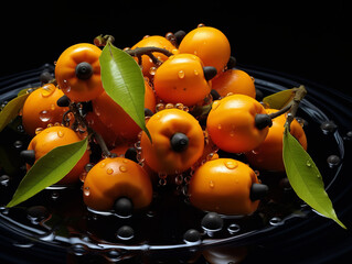 A pile of wet yellow berries on a black reflective surface with a black background.