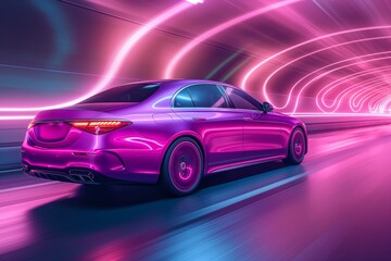 A sleek red sports car speeds through a futuristic tunnel, bathed in vibrant neon lights