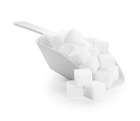 Sugar cubes in scoop isolated on white