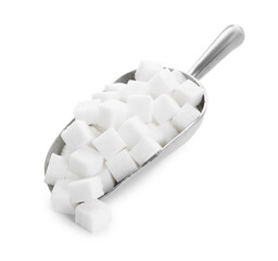 Sugar cubes in metal scoop isolated on white