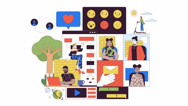 Software developers team line 2D animation. Multiracial web designers community 4K video motion graphic. Telecommuting work of programmers linear animated cartoon flat concept, white background