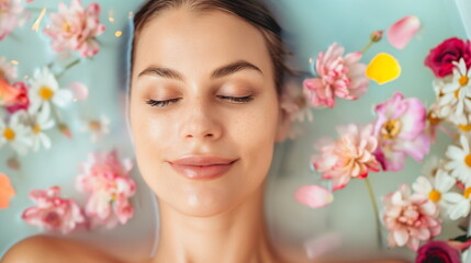 Obraz na płótnie Canvas Woman Enjoying Aromatic Bath with Flower Petals, Mindful Relaxation