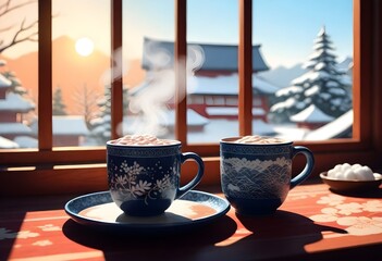 A Steaming Mug Of Hot Cocoa On A Cozy Cafe Table