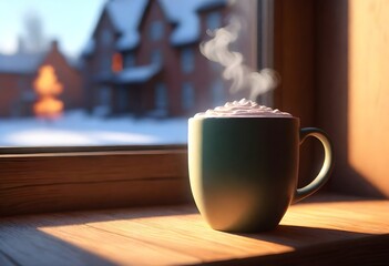 A Steaming Mug Of Hot Cocoa On A Cozy Cafe Table