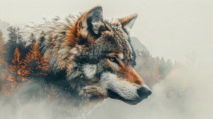 Wolf portrait design with nature background mountain forest double exposure overlay