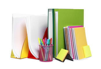 Bright office folders and different stationery isolated on white