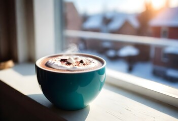 A Steaming Mug Of Hot Cocoa On A Cozy Cafe Table