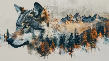 Fotobehang Double exposure portrait of wolf in the mountain forest ecosystem with nature habitat overlay © Barosanu