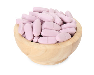 Fototapeta na wymiar Vitamin pills in bowl isolated on white. Health supplement