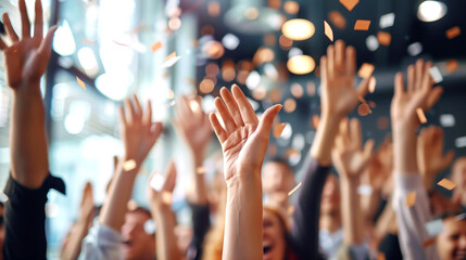 Joyful crowd with hands raised in celebration at a festive event.