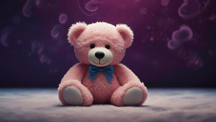 teady bear  placed in the shinny dark gradient background with abstract flowers in the hand of colorful  pink purple green blue and many others color with rose flowers abstract background with fluffy 