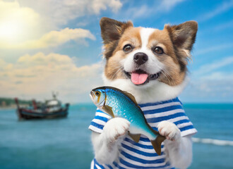 魚を両手に抱える、可愛い犬　青空と海と漁船　魚派わんこ - obrazy, fototapety, plakaty