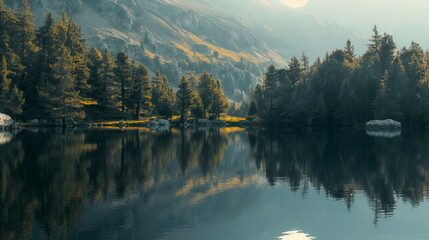 landscape of a mountain lake surrounded by pine trees reflecting in the calm water