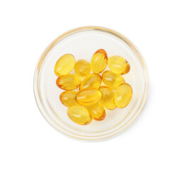 Vitamin capsules in bowl isolated on white, top view. Health supplement