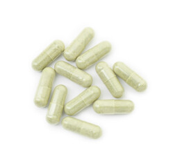 Vitamin capsules isolated on white, top view. Health supplement