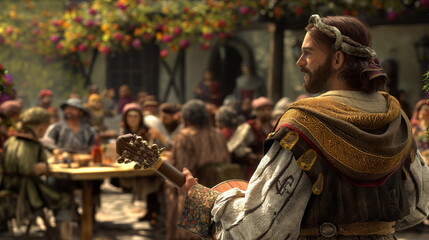 Medieval Bard Entertaining Court with Epic Ballads of Heroes Past - obrazy, fototapety, plakaty