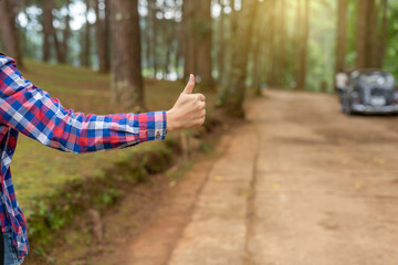 Traveling alone gets lost asking for help. Woman traveler hitchhiking sign in her hands. Female...