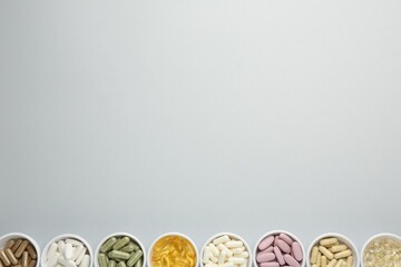 Different vitamin pills in bowls on grey background, flat lay. Space for text