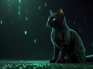  black cat sitting in the foreground with its tail stretched out, against a backdrop of falling green code