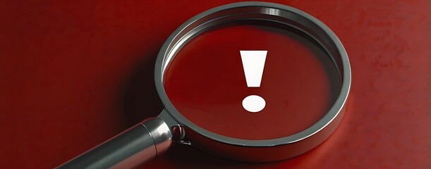 Magnifying glass and exclamation mark icon, hazard and dangerous notice symbol on red background