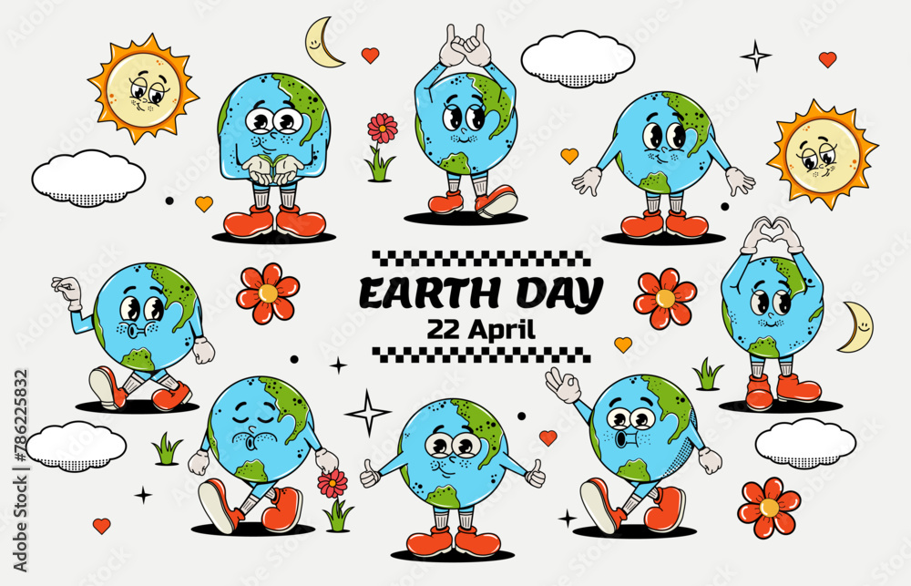 Aufkleber a set of characters in groovy style and y2k design. planet. environment. climate. saving the planet.