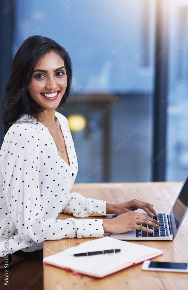 Poster business woman, laptop and portrait in office for web project, career review online and email feedba