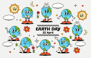 A set of characters in groovy style and y2k design. Planet. Environment. Climate. Saving the planet. Earth Day. Vector illustration. Retro and hippie style. 70s, 80s, 90s. Sticker pack collection. 