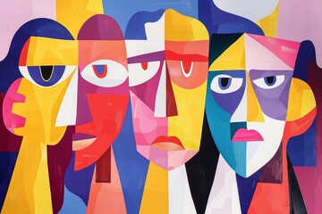 A colorful abstract painting of multiple faces made of different geometric shapes.