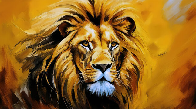 The lion. Oil painting. Close-up. Horizontal wallpaper for desktop on computer