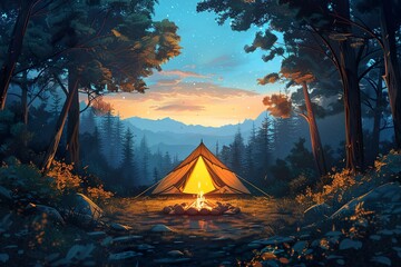 Camp tent in summer forest vector illustration. Picnic adventure on nature outdoor vacation.