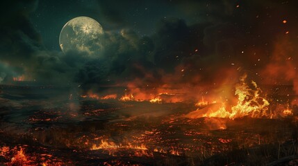 Under the shroud of nightfall, a symphony of destruction unfolds as wildfires rage across the untamed landscape - obrazy, fototapety, plakaty