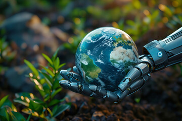 A robot holding a globe in its hand.