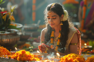 Heartwarming moment capturing the Vishu Kaineettam tradition of giving and receiving blessings - obrazy, fototapety, plakaty