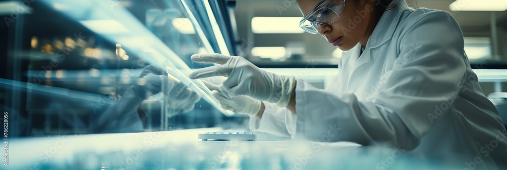 Poster scientist in lab coat examining specimen in glass case on table in laboratory research setting
