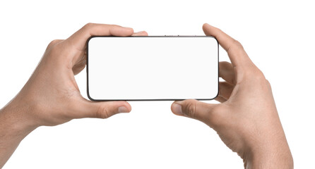 Man holding smartphone with blank screen isolated on white, closeup. Mockup for design