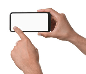 Man using smartphone with blank screen isolated on white, closeup. Mockup for design
