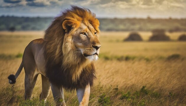 Numa savana africana, um le&atilde;o majestoso observa sua vasta terra, sua juba ondulando suavemente ao vento enquanto ele descansa sob o calor do sol. 