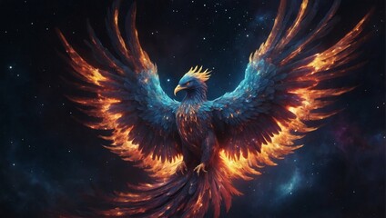 Ethereal phoenix and cosmic nebula, symbol of cosmic rebirth - obrazy, fototapety, plakaty