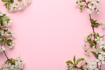 Fototapeta na wymiar Spring tree branches with beautiful blossoms on pink background, flat lay. Space for text